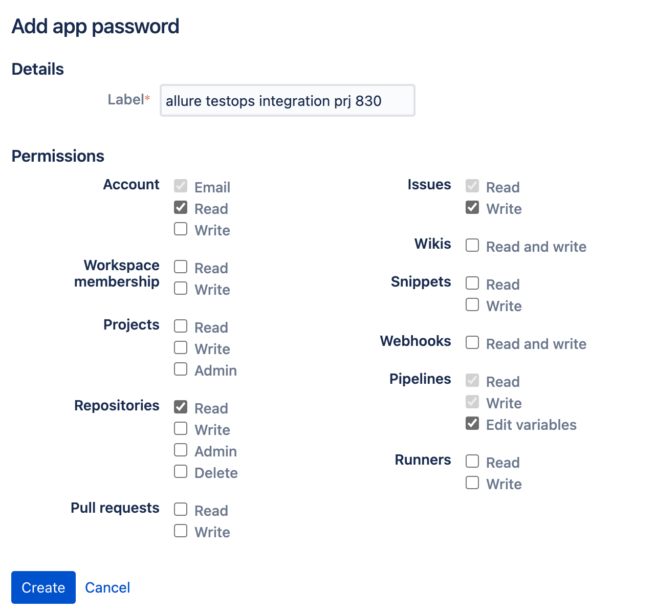 Parameters for the App password