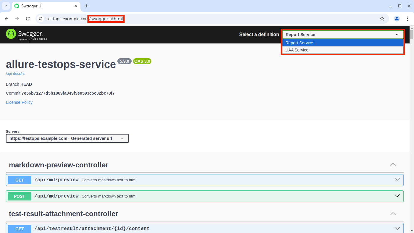 The service switcher is in the top right corner of the Swagger UI.