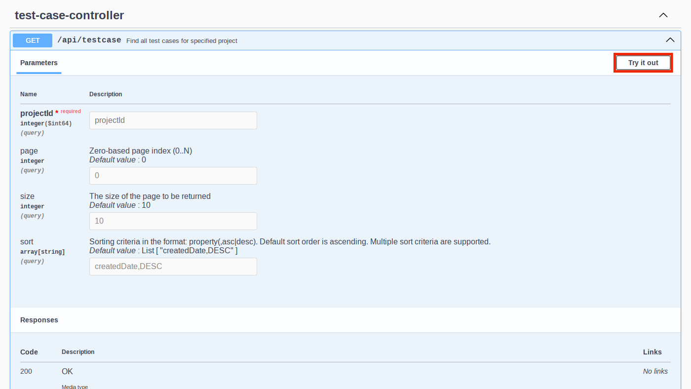 The “Try it out” button is in the top right corner of an API method block.