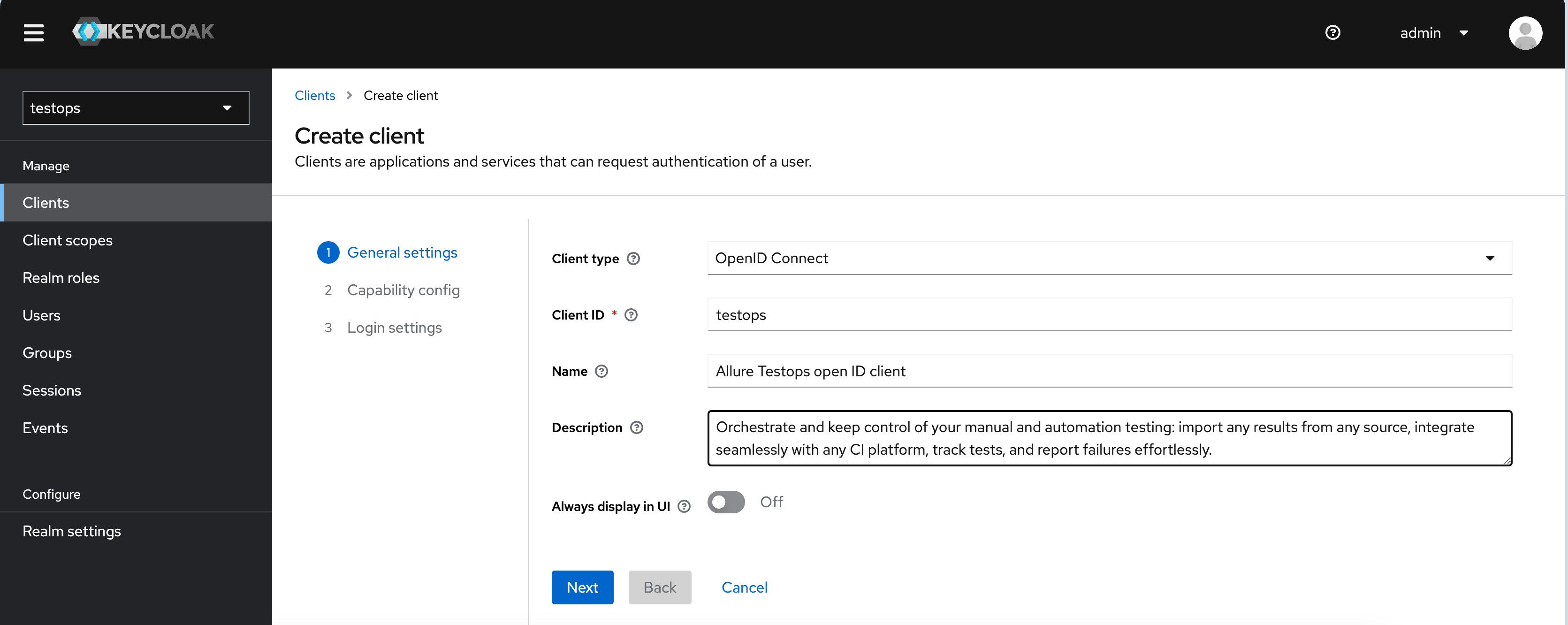 Add new open id client in keycloak