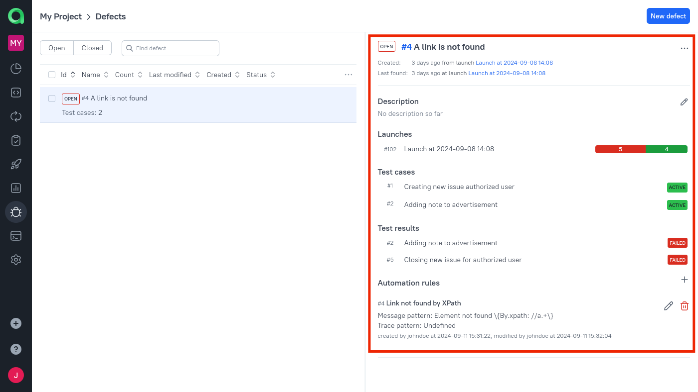 The defect details are displayed on the right pane.