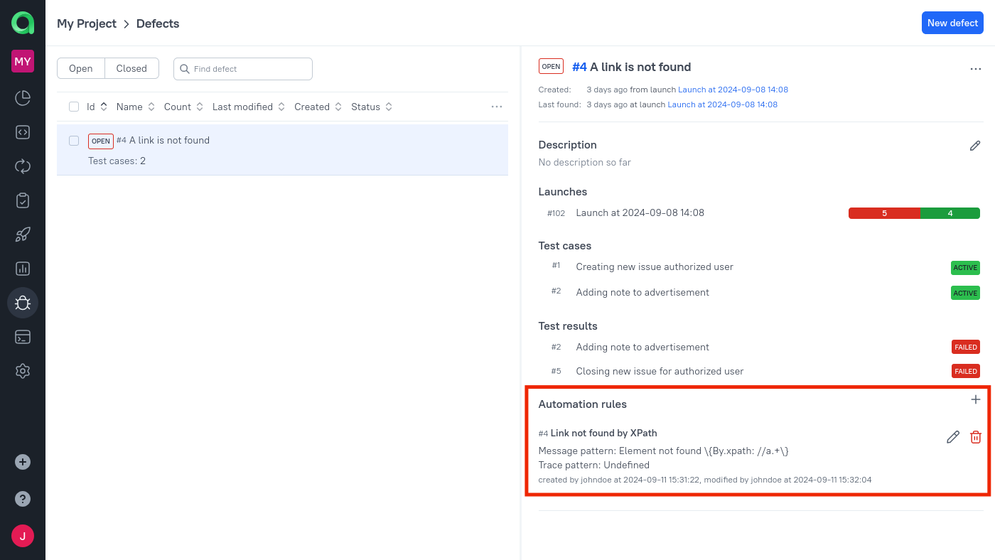 The automation rules are listed under the defect details.