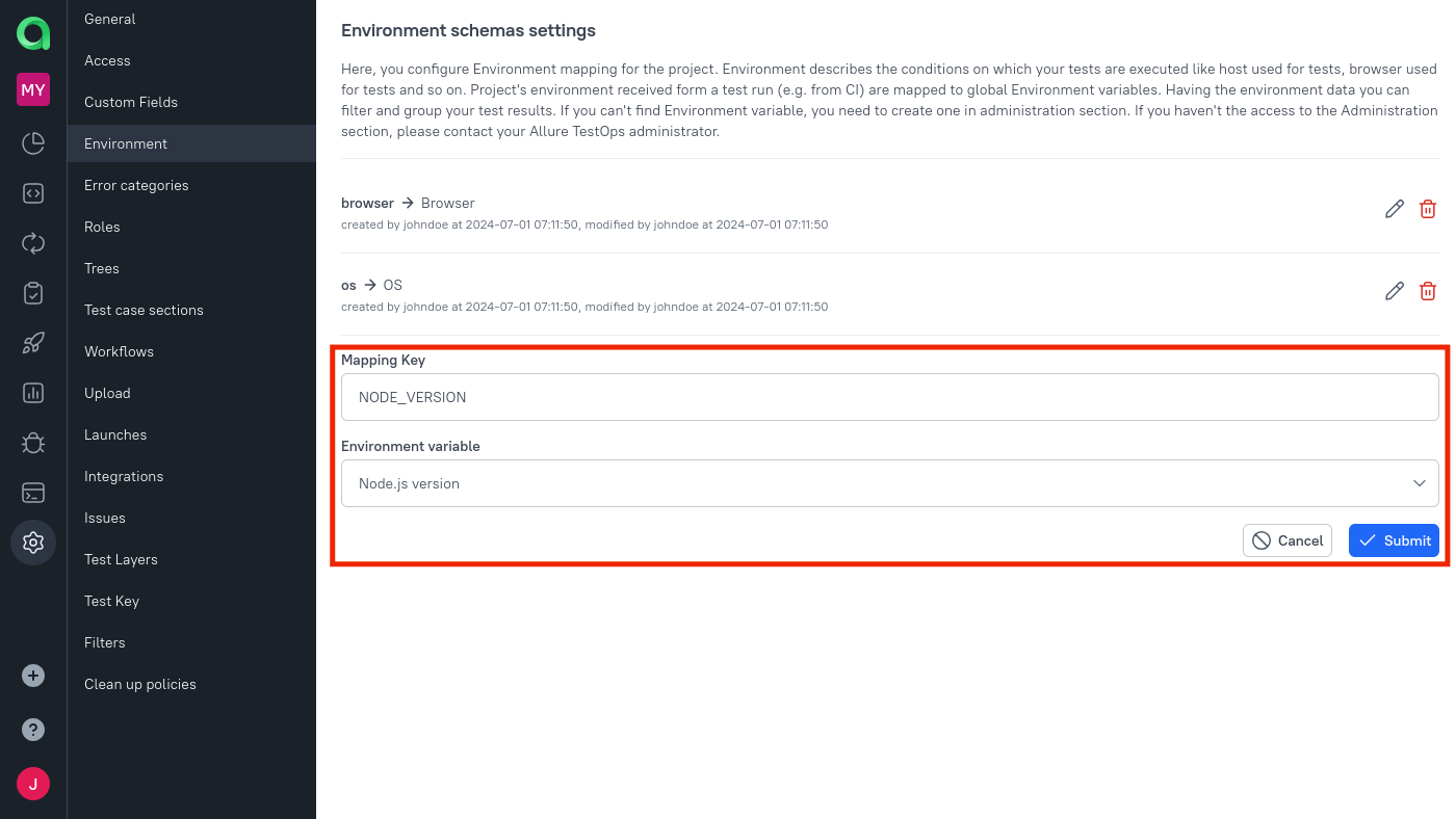 Environment variables mapping is configured in the project settings.