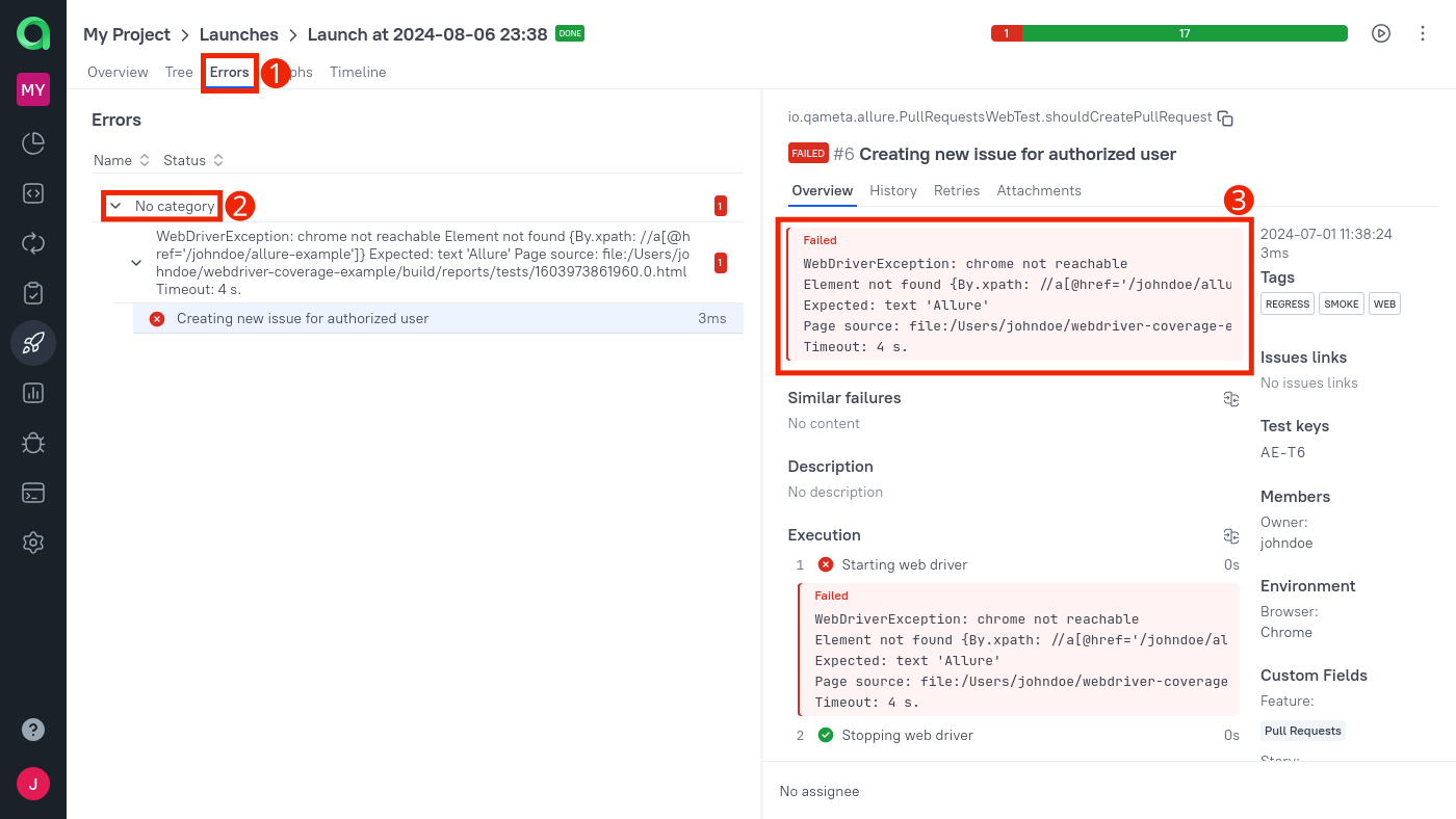 Test results are grouped based on their stack traces.