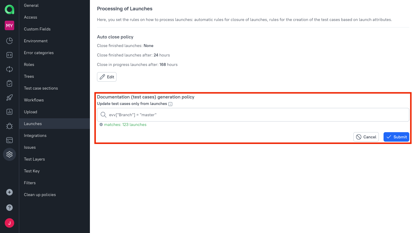 Documentation generation policy settings are located in the Launches section.