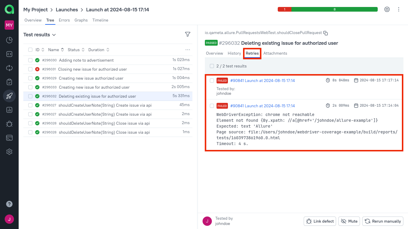 Retries are listed on the Retried tab of a test result.