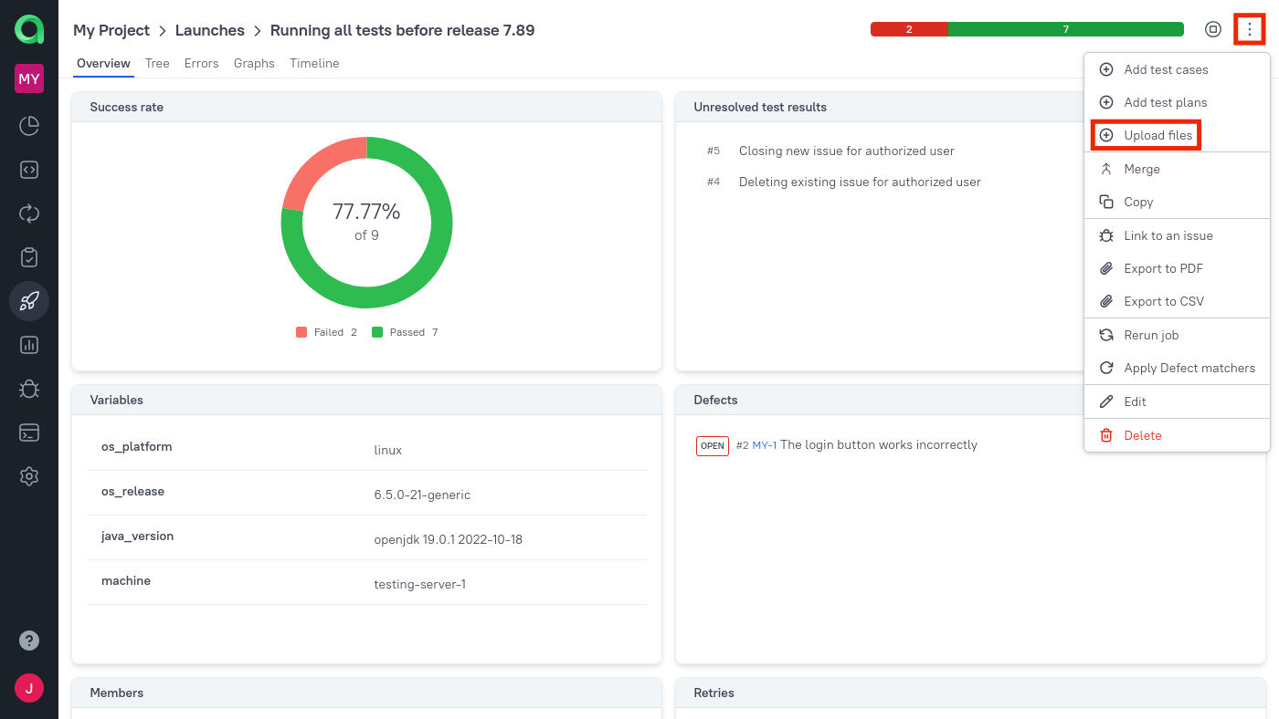 Uploading test results to an existing launch can be done via the menu.