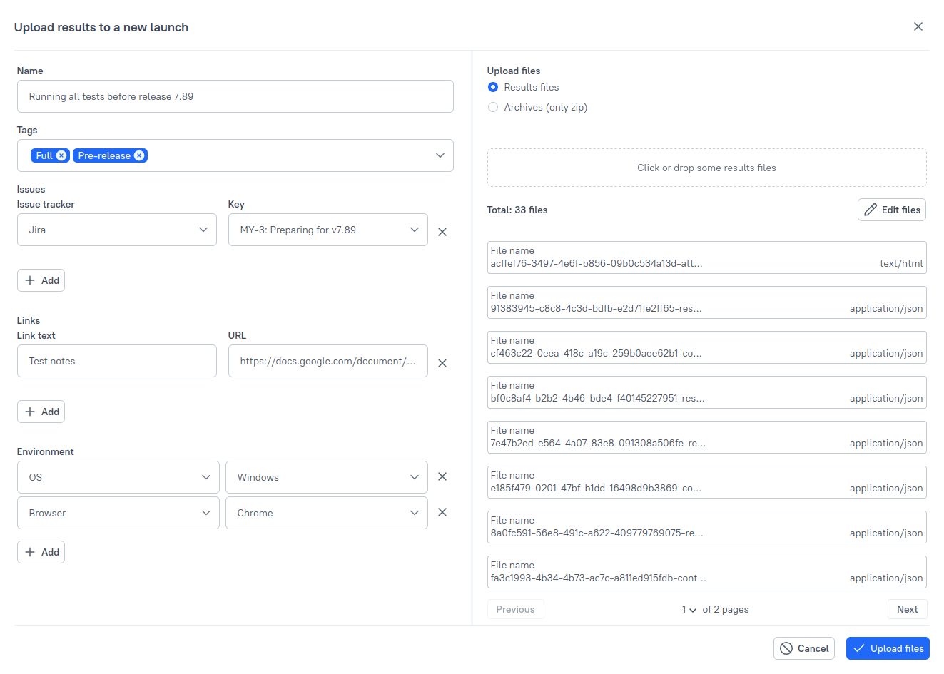 The upload dialog allows to set tags, issues, links, and environment variables.