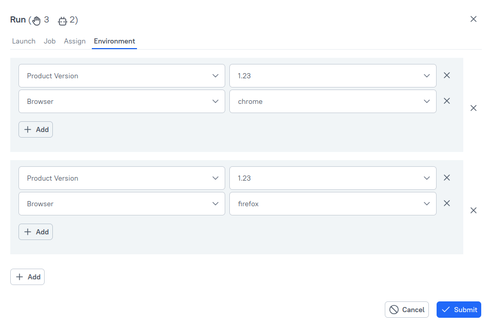 Multiple sets of environment variables can be specified on the “Environment” tab.