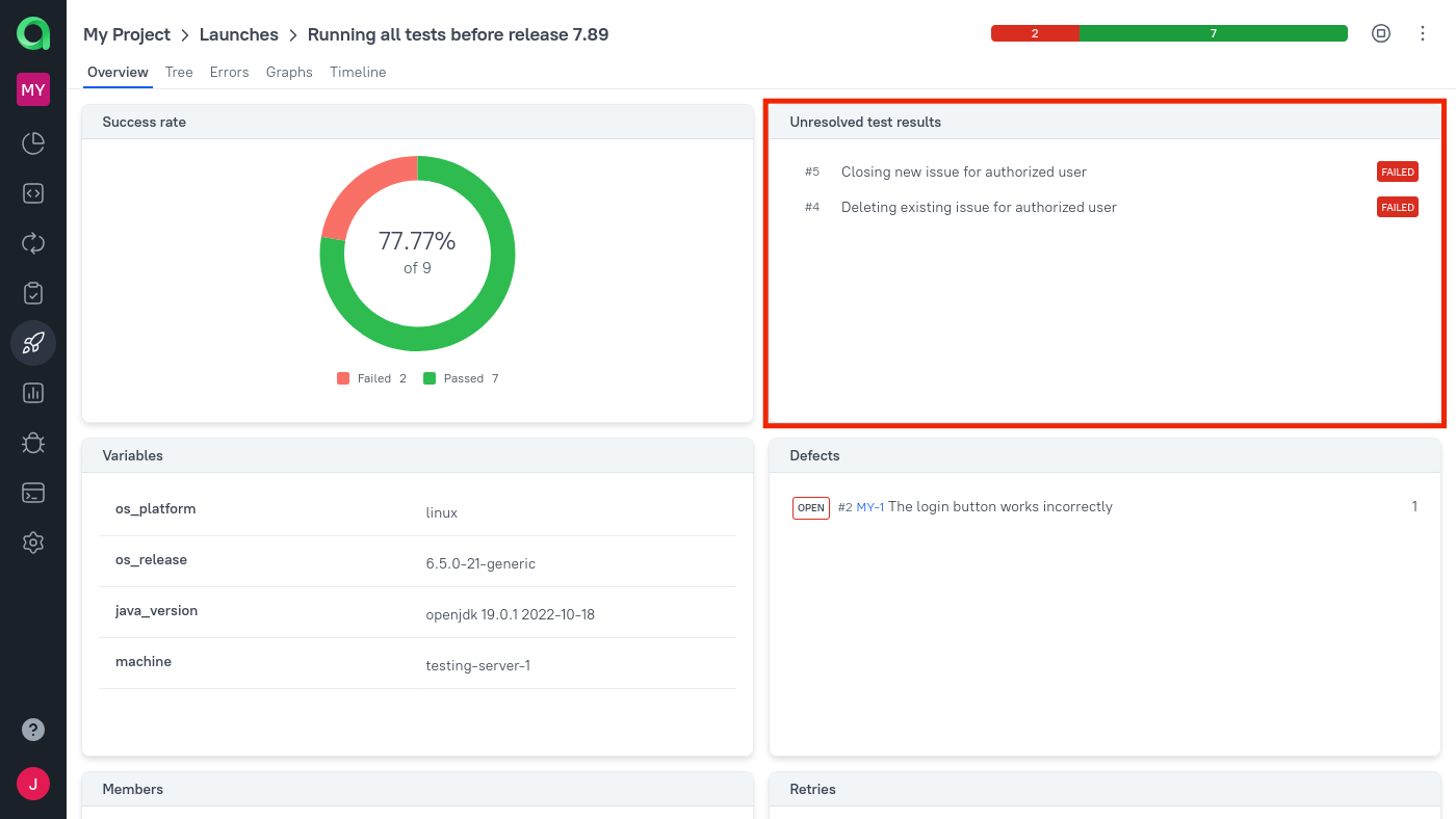 The unresolved test results are shown in the launch overview.