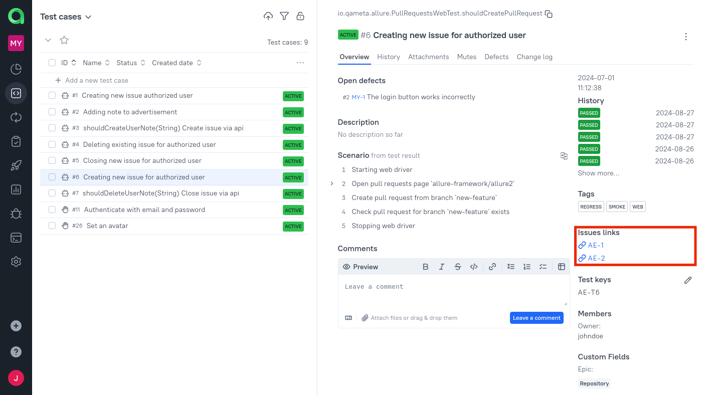 The issue links are on the right side of the test case information block.