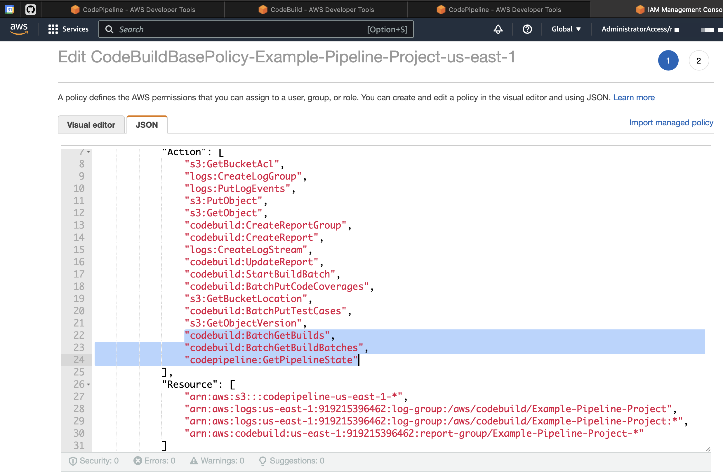 Roles are specified in the JSON code.