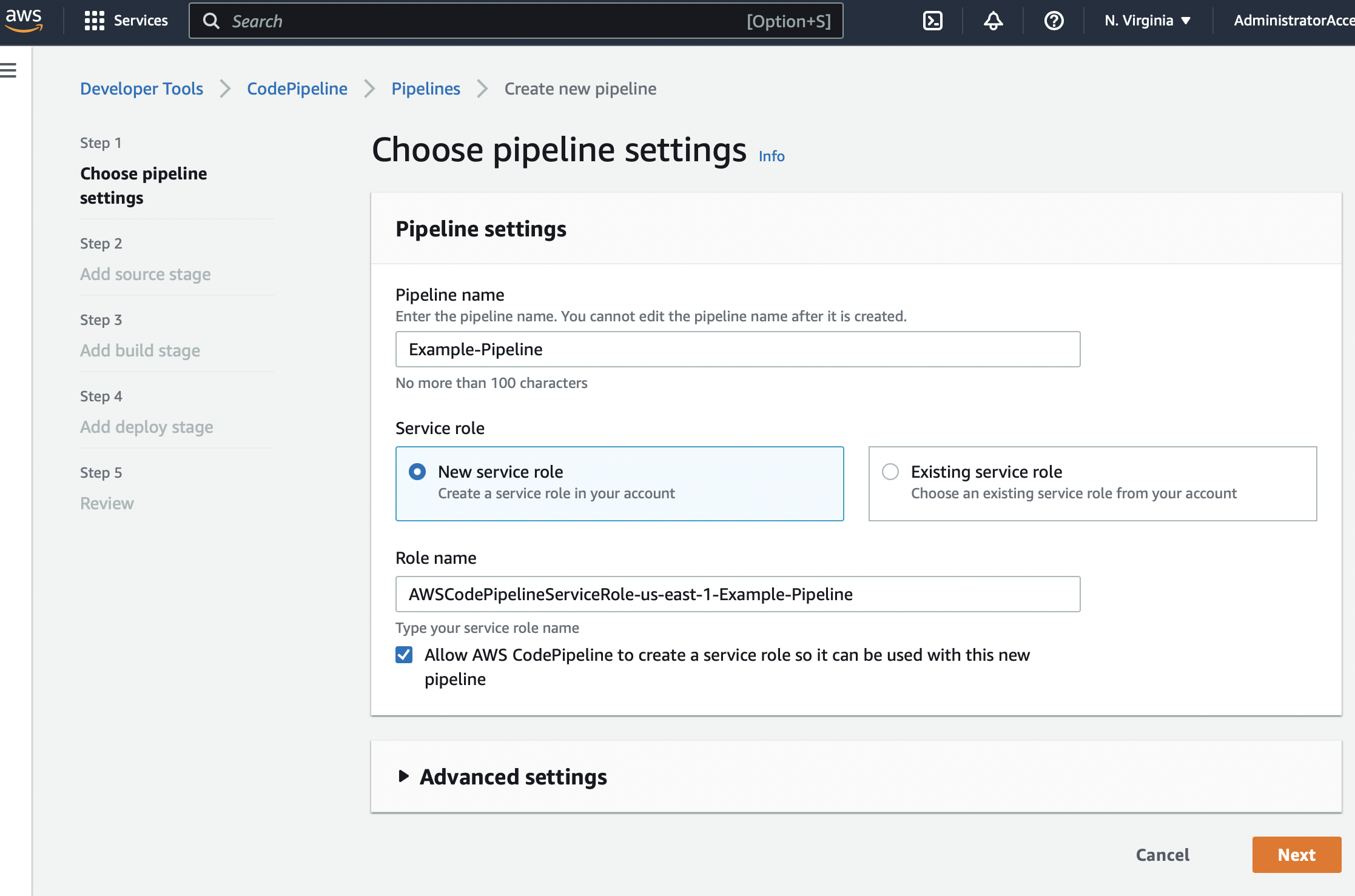 The screen allows to choose a new service role or an existing service role.