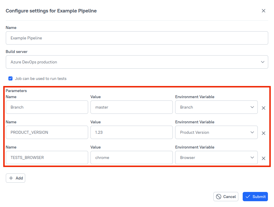 Multiple environment variables can be specified in the dialog.