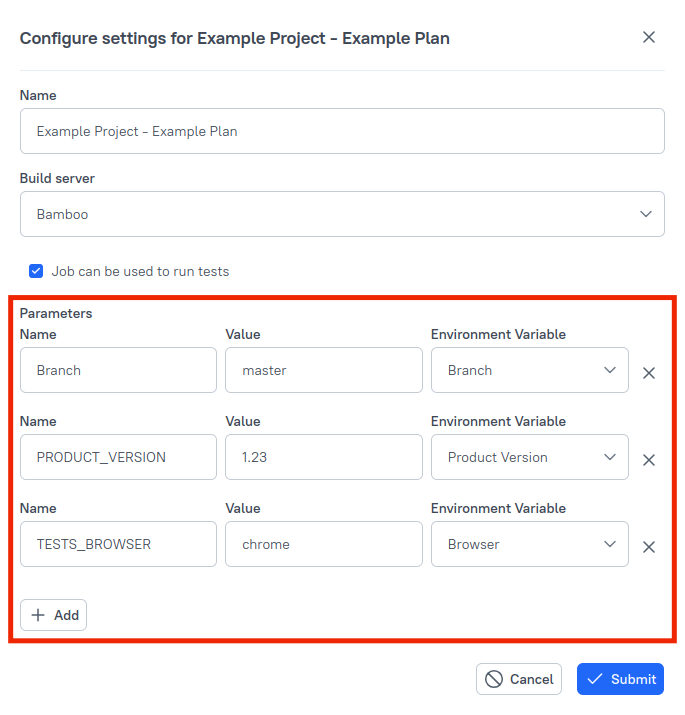 Multiple environment variables can be specified in the dialog.