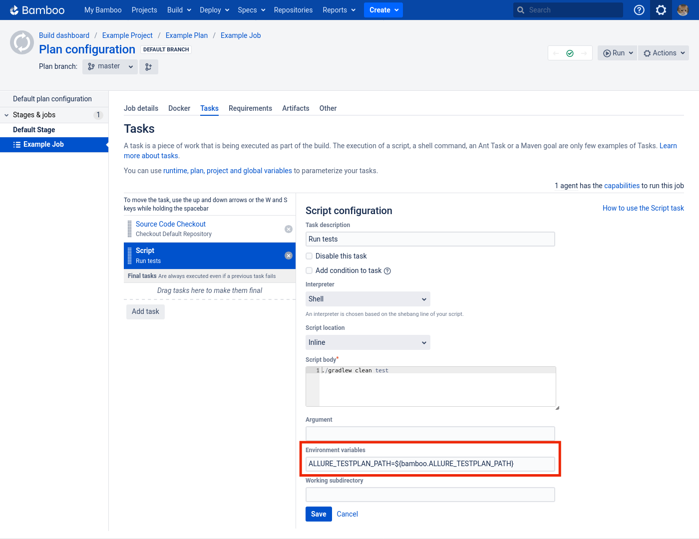 Environment variables are set via a field in the task settings.