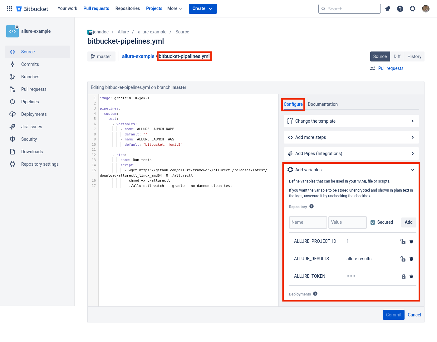 The variables can be set on the Bitbucket's project level.