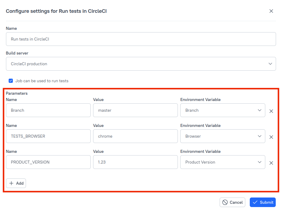 Multiple environment variables can be specified in the dialog.