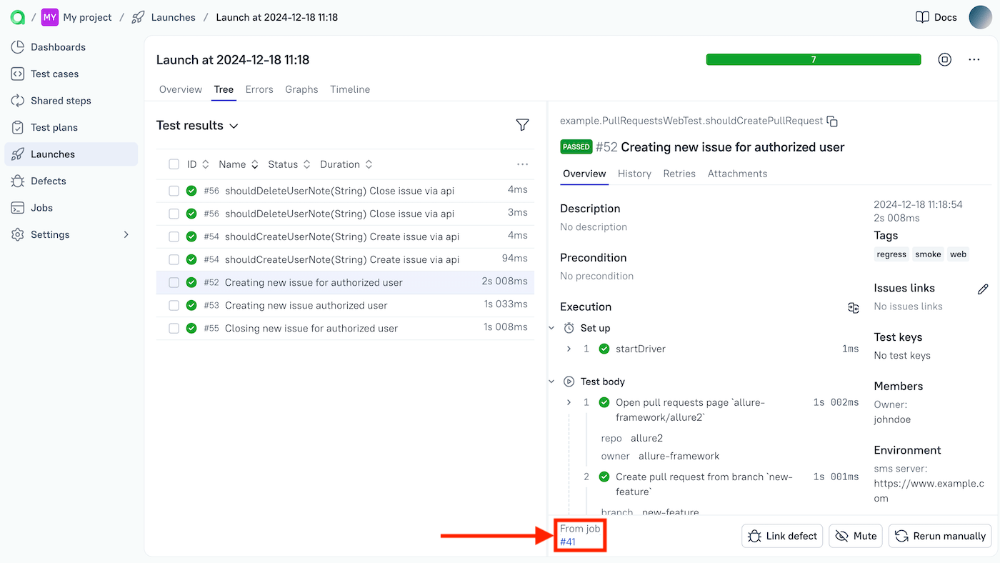 The link to the CircleCI pipeline is at the bottom of the test results pane.