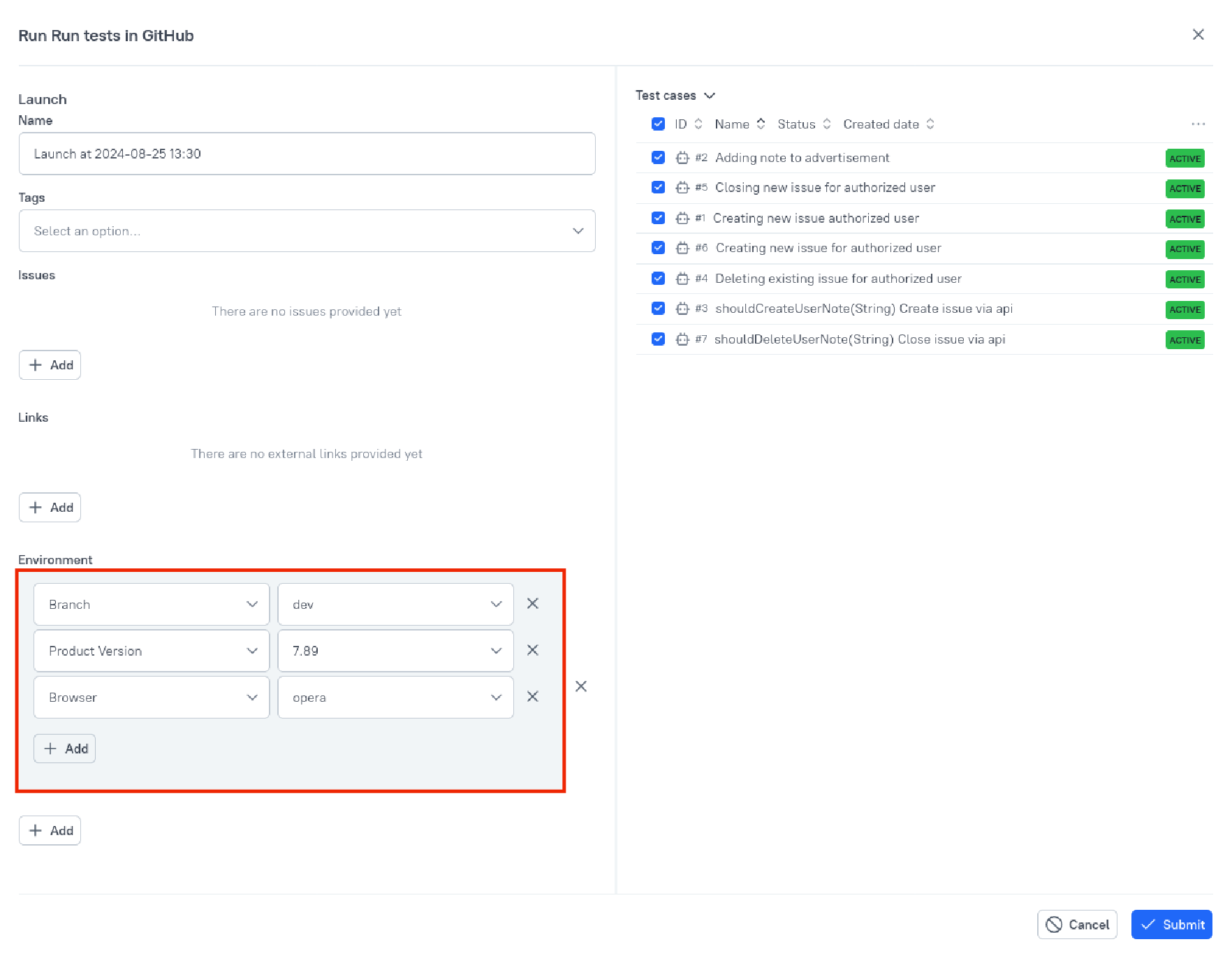 The parameter values can be entered or selected from lists.