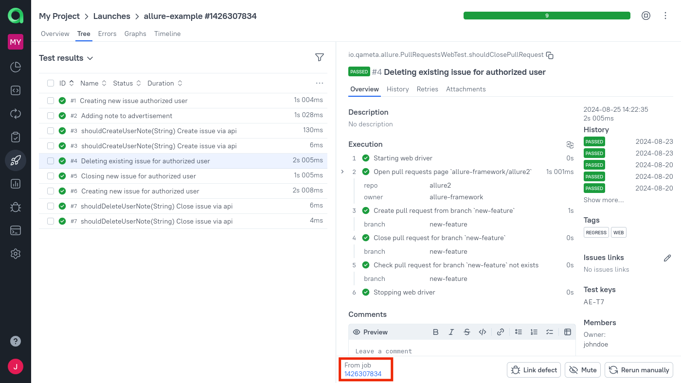 The link to the GitLab pipeline is at the bottom of the test result.