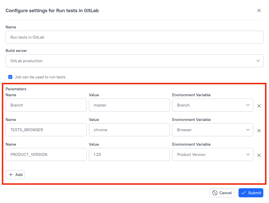 Multiple environment variables can be specified in the dialog.