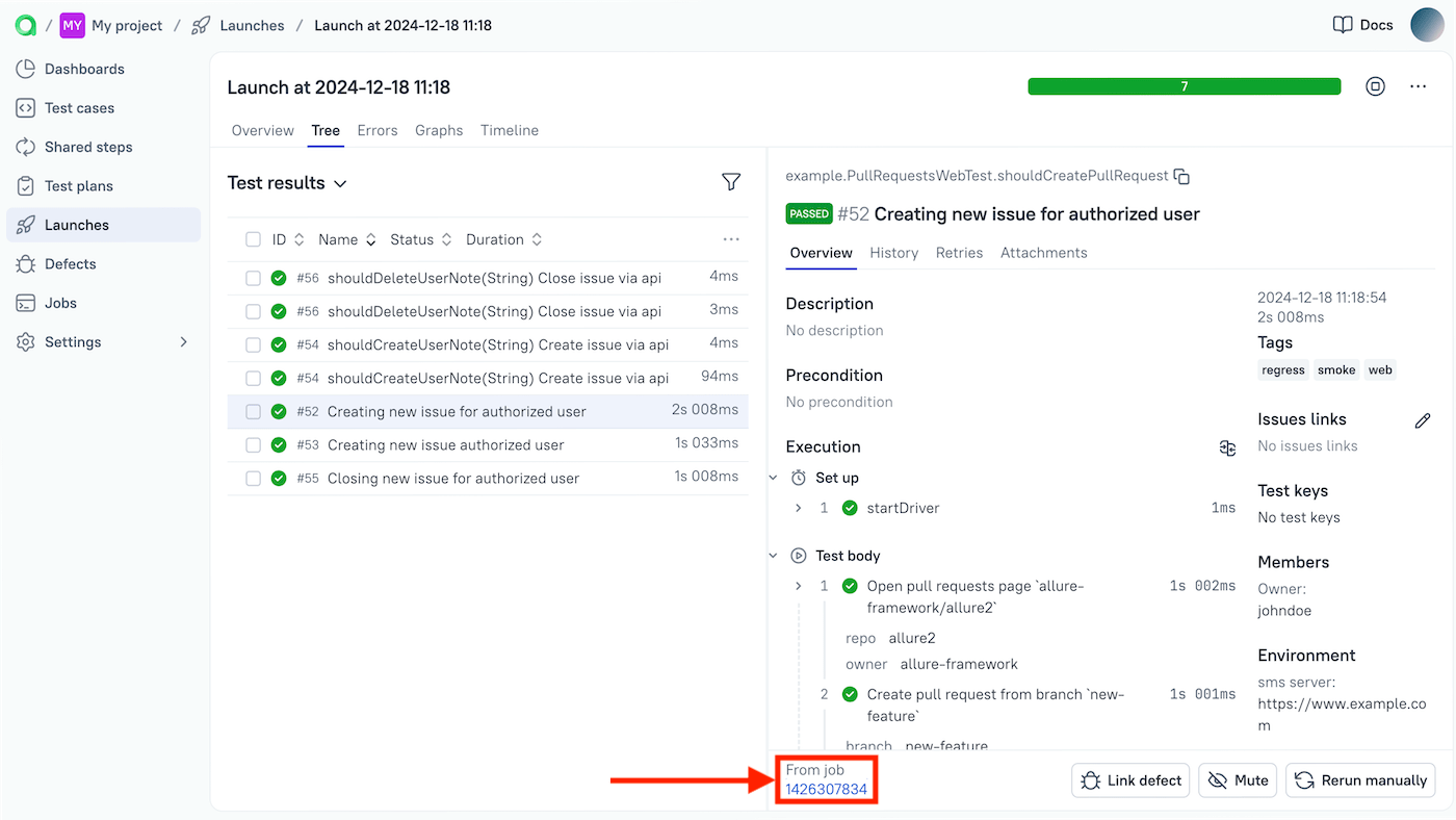 The link to the GitLab pipeline is at the bottom of the test result.