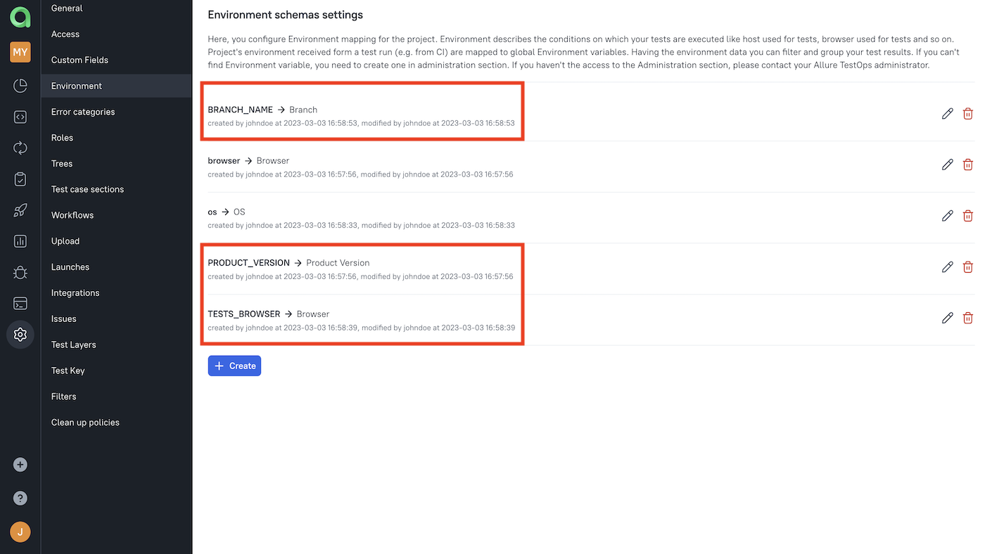 Mapping environment variables is configured in the project settings.