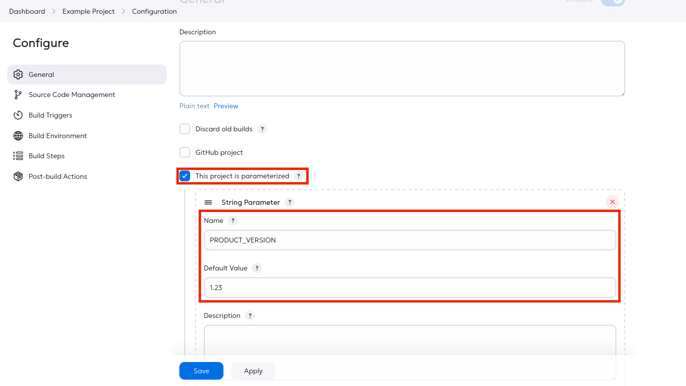 The string parameter can be added to a Jenkins pipeline.