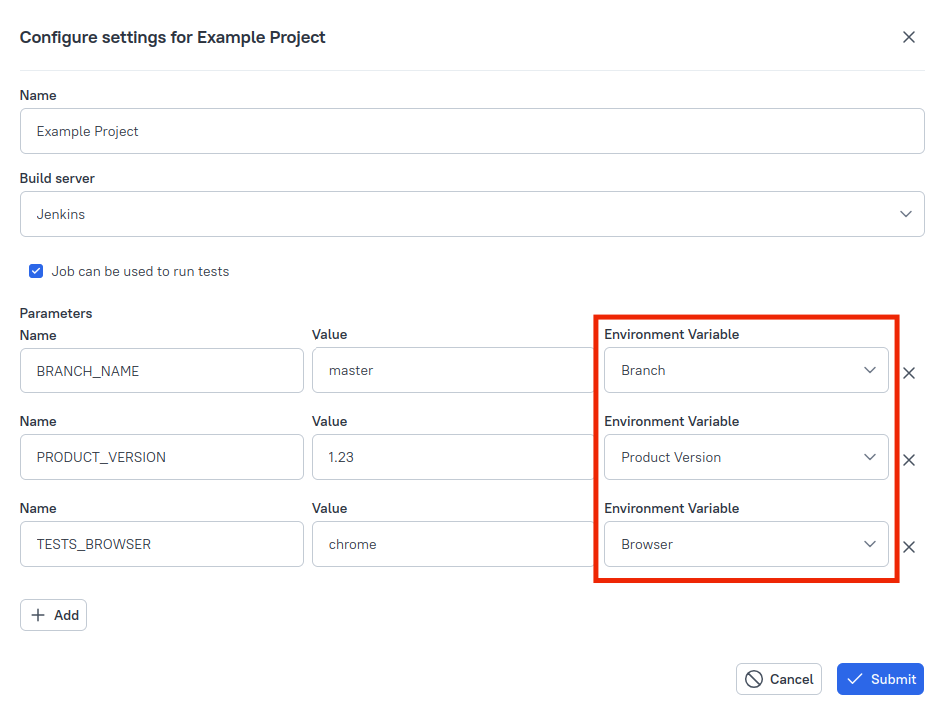 Multiple environment variables can be specified in the dialog.