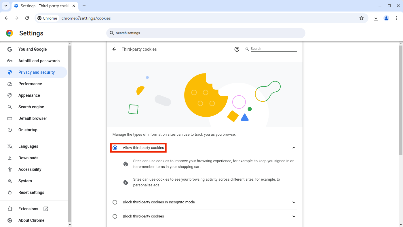The “Allow third-party cookies” option is in the “Privacy and security” section.