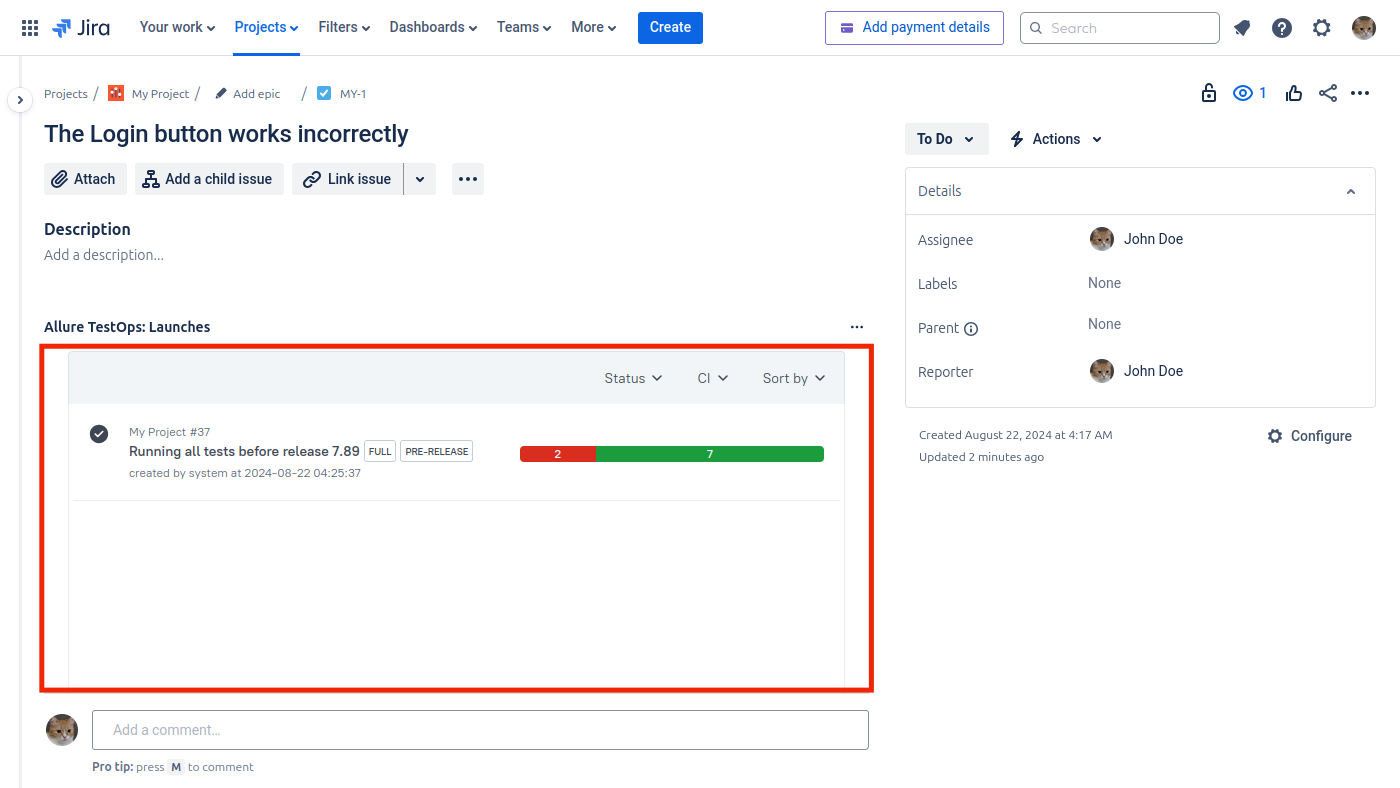 The Allure block is located on the issue page in Jira.