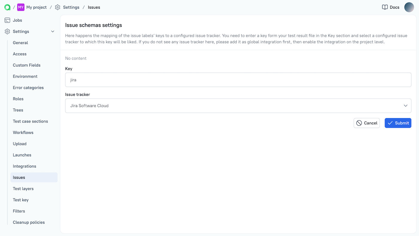 Issue mapping is made in the project settings.