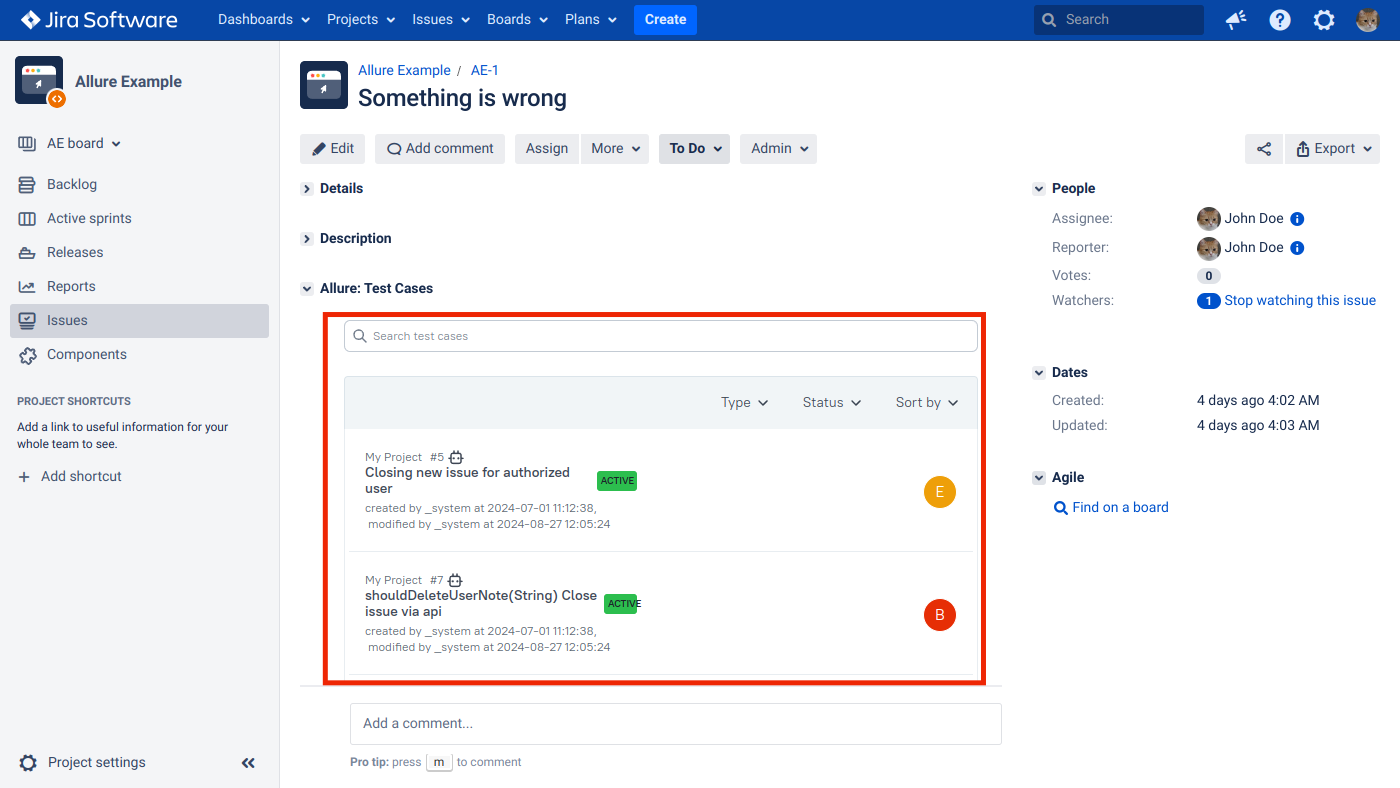 The Allure block is located on the issue page in Jira.