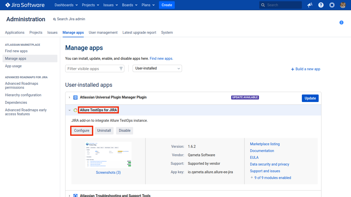 The “Configure” button is in the plugin item on the “Manage apps” page.