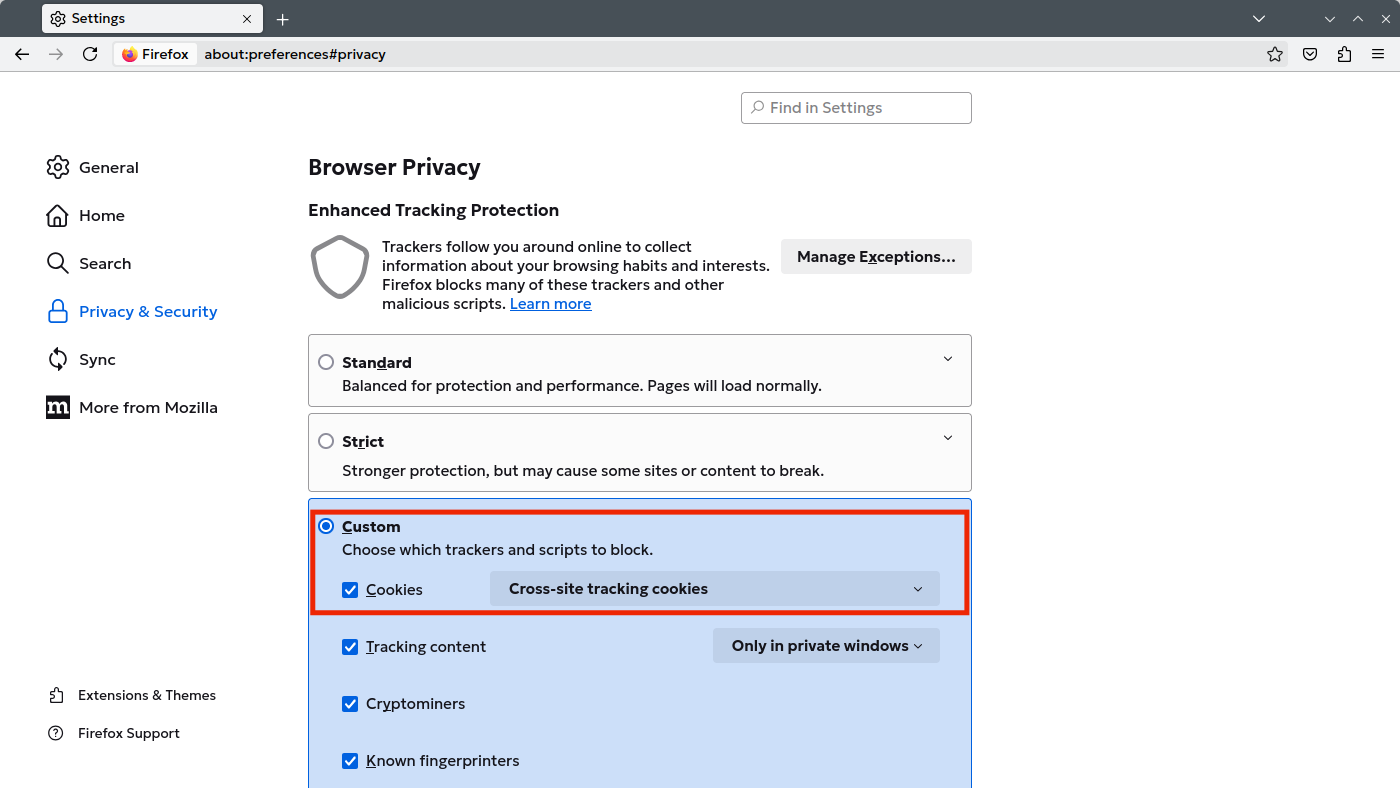 The “Cookies” setting is available when the “Custom” tracking protection mode is chosen.