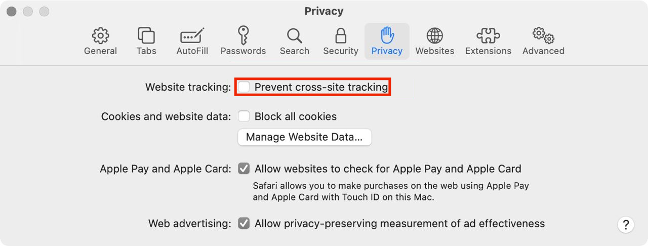 The “Prevent cross-site tracking” setting is in the “Privacy” section.