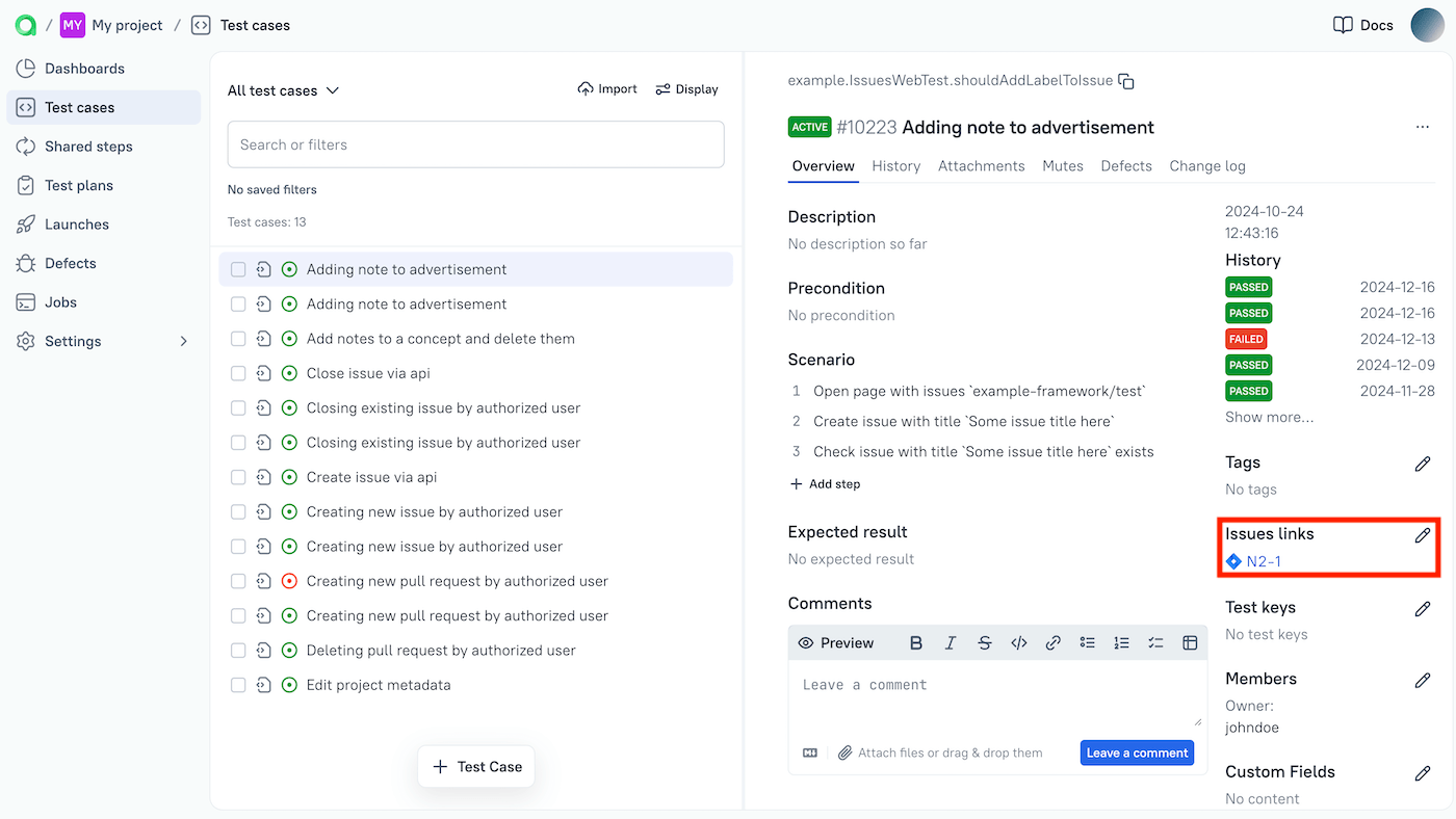 The issue links are on the right side of the test case information block.