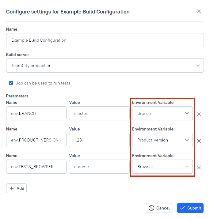 Multiple environment variables can be specified in the dialog.