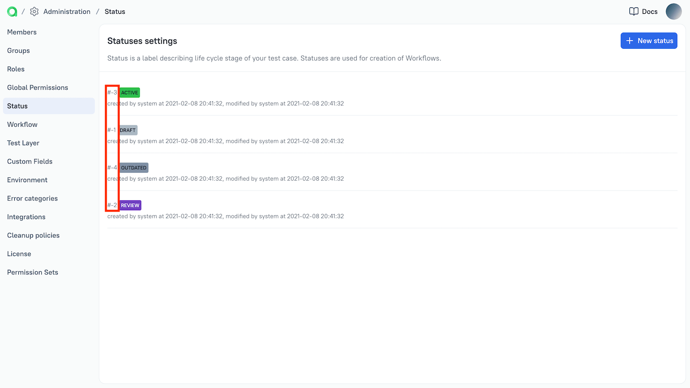 The statuses and their identifiers are listed in the “Status” section.