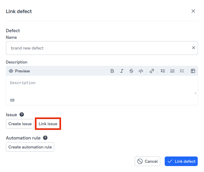 The “Link issue” button is available when creating a new defect.