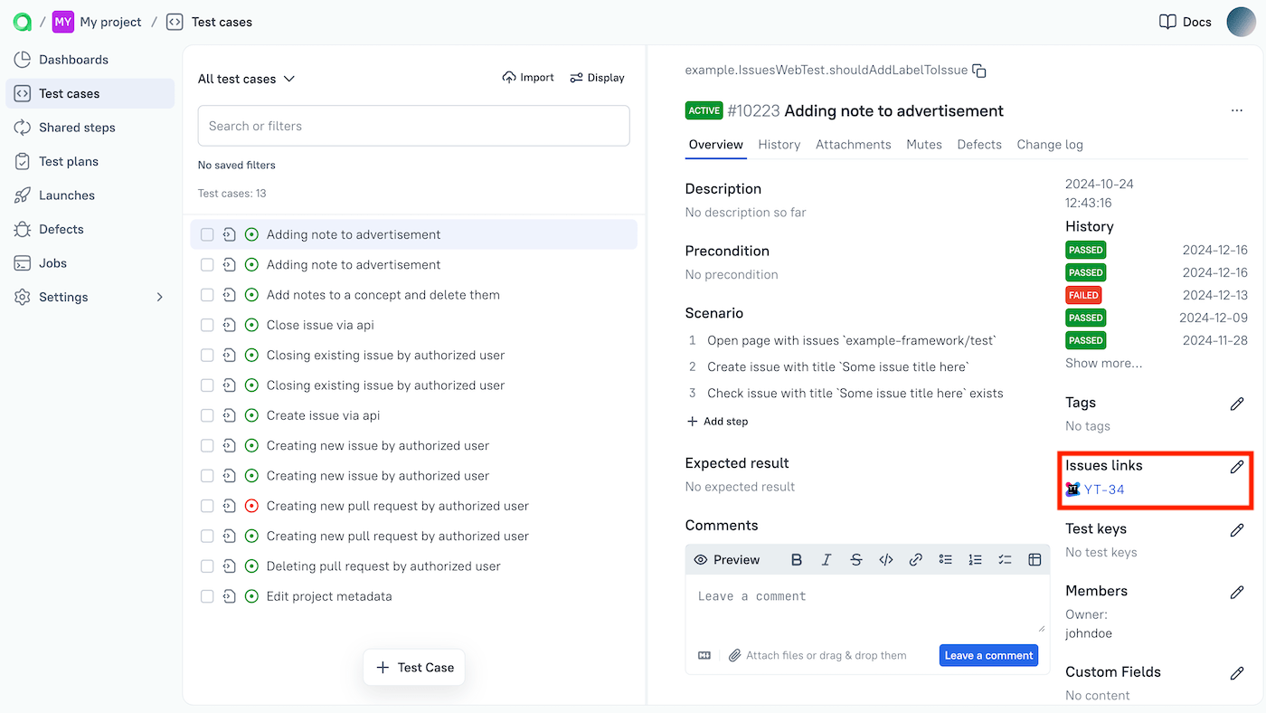 The issue links are on the right side of the test case information block.