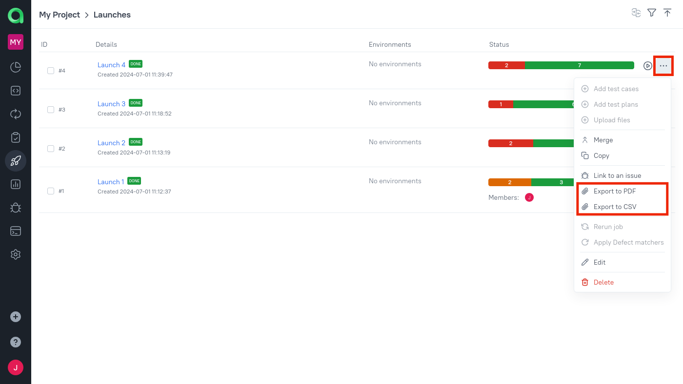 The “Export to PDF” and “Export to CSV” items are available in the launch actions menu.