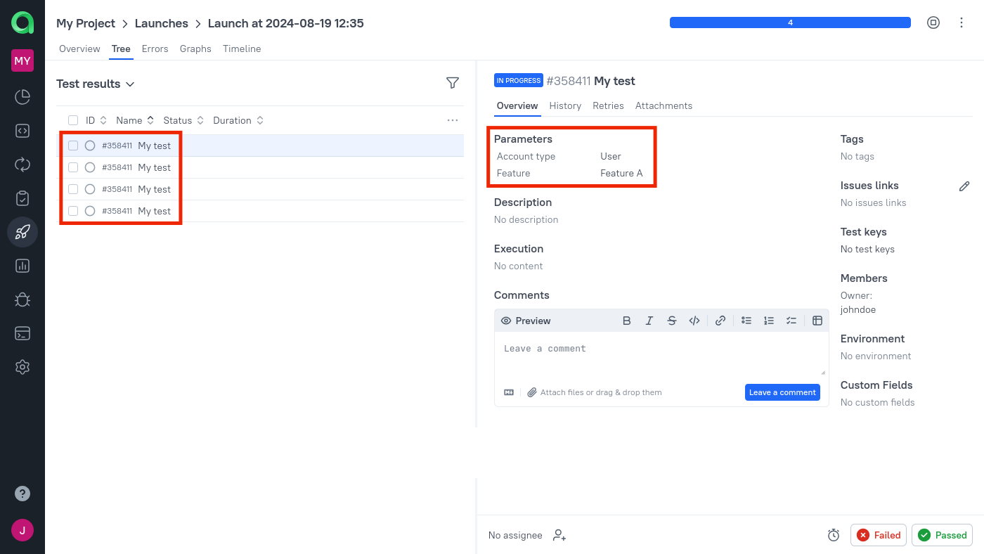 Tests with different sets of parameters are displayed separately.