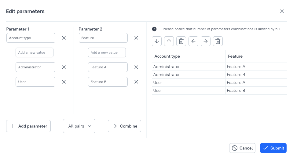 A preview of parameters combinations is displayed on the right.