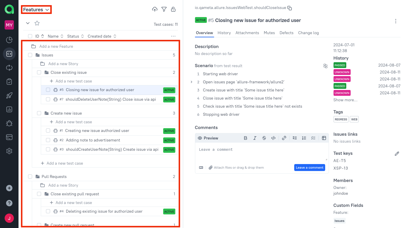 The test cases are grouped based on the Feature field.