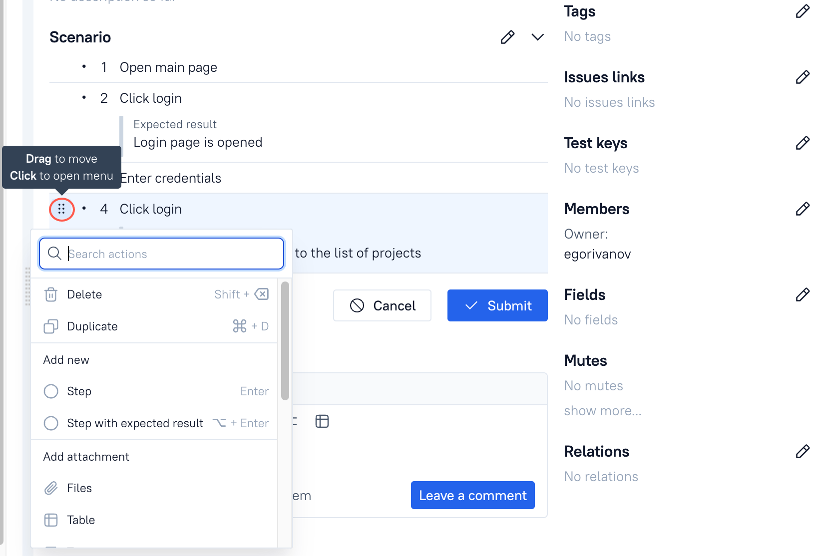 Test case step menu