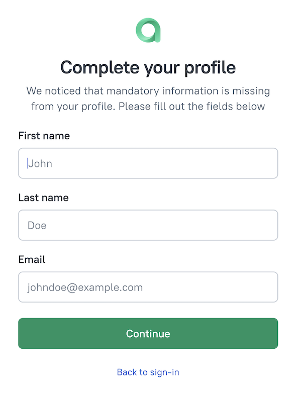 The Complete your profile page will appear when you sign in.