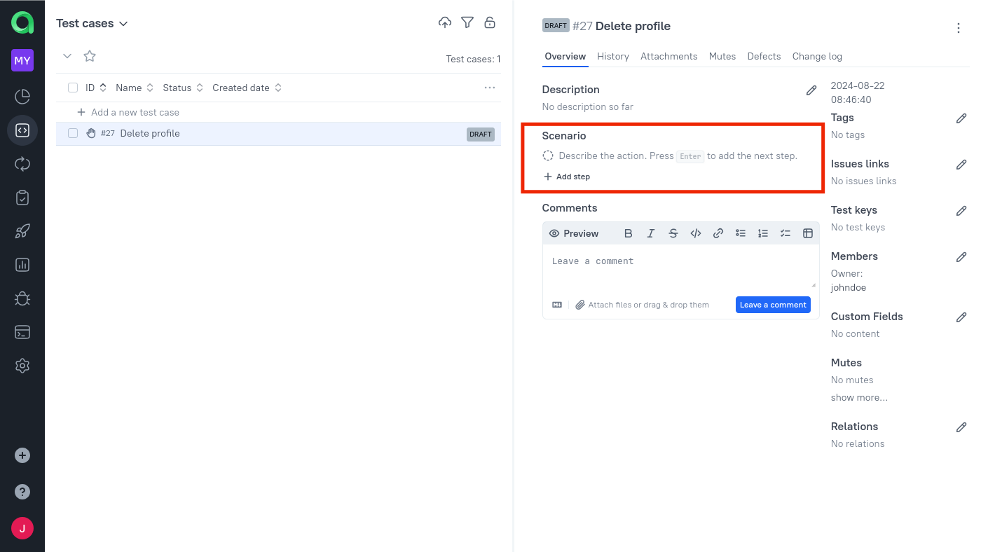 The scenario can be edited on the right side of the test case.