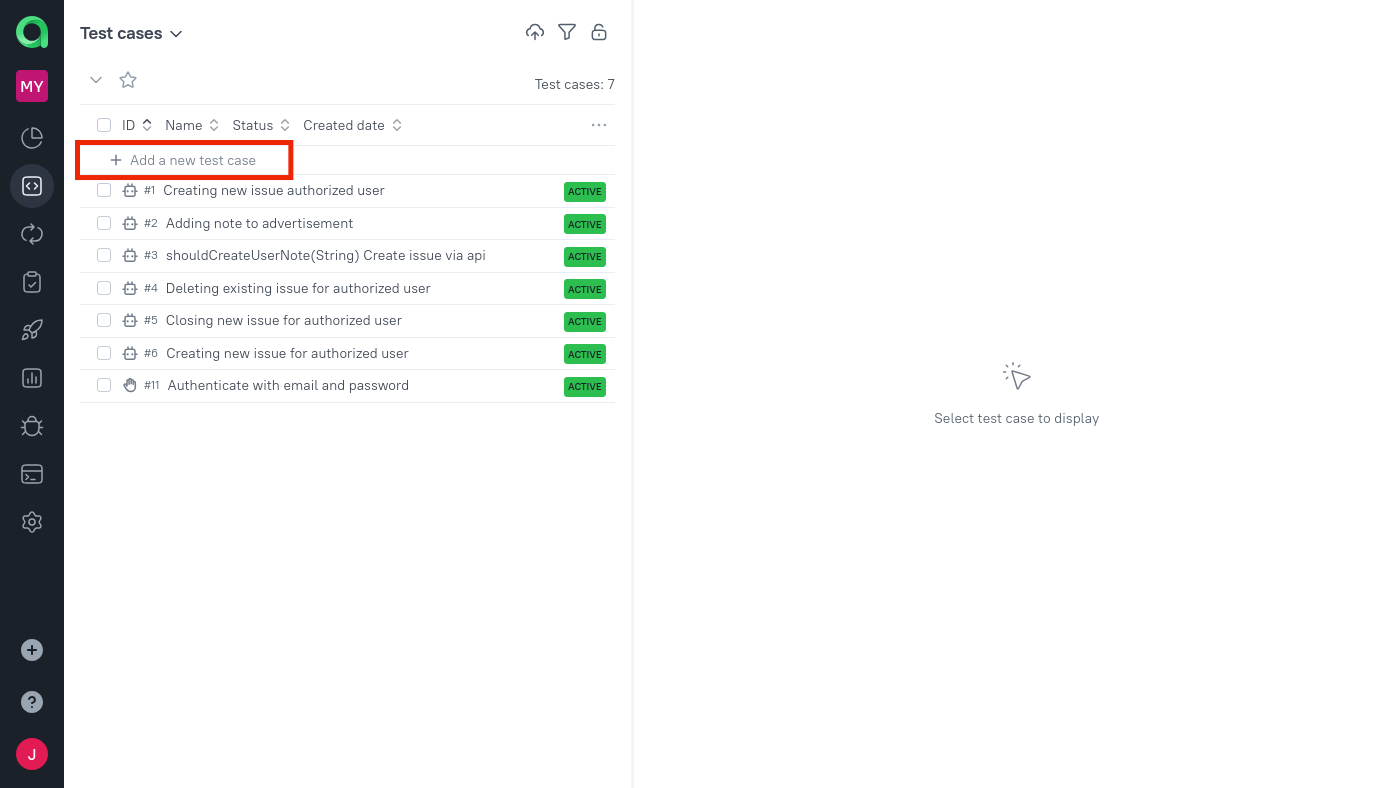 The field for creating a new test case is at the top of the test case list.